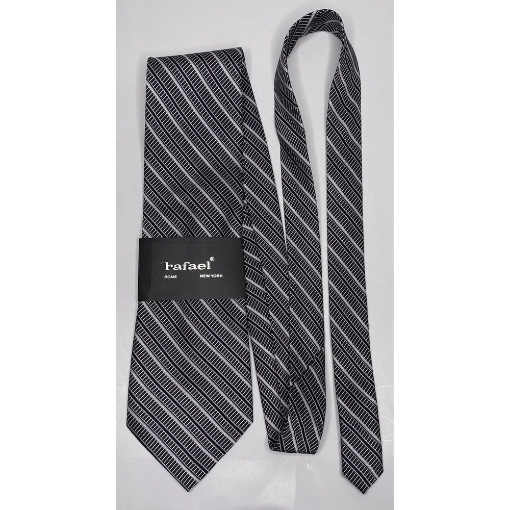 Rafael Mens Neck Tie 100% Silk Black Grey‎ Stripes New